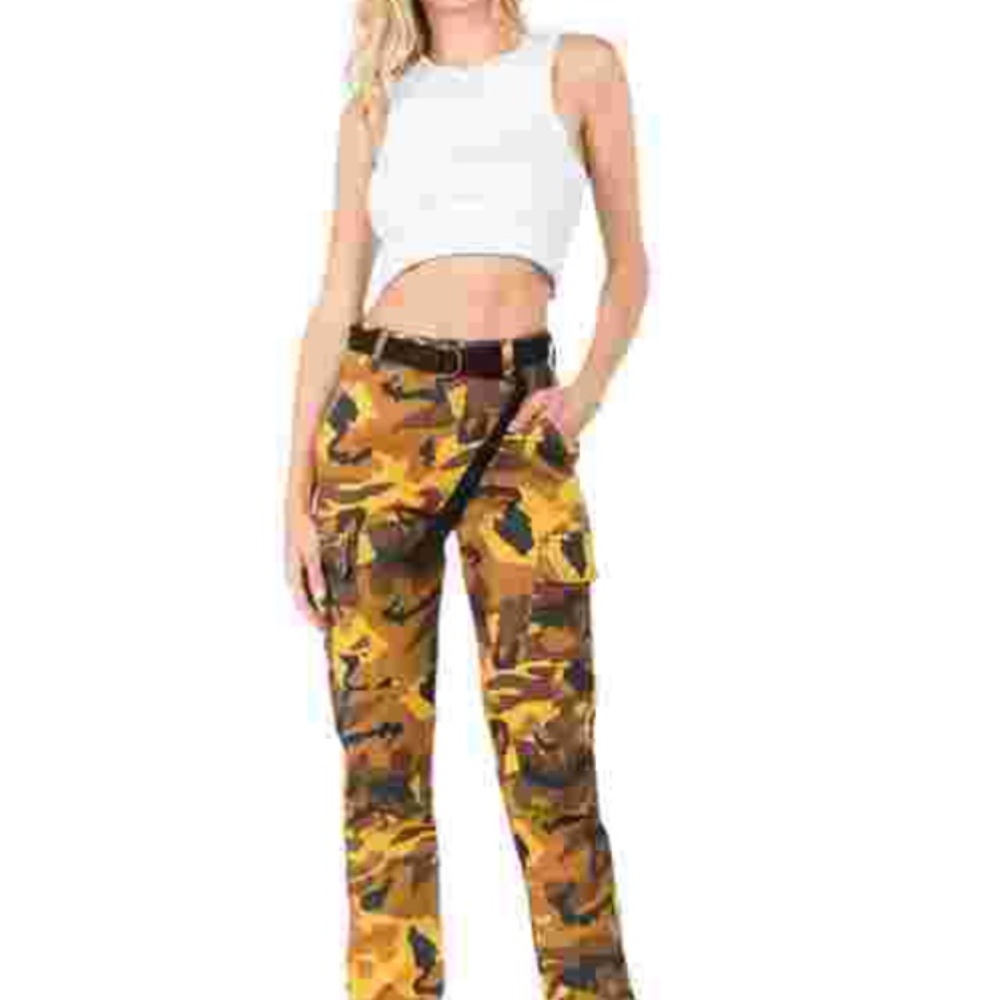 American Bazi Women’s High Waist Camouflage Camo Cargo Joggers Gold Brown 1X NWT